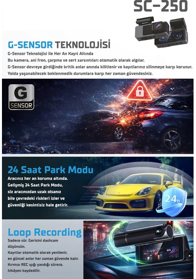 Kayıt Cihazı 4k 3.2'' Ekran 2 Kameralı Araç İçi Kamera Sc-250