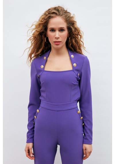 Sateen Düğme Detaylı Bluz - Mor