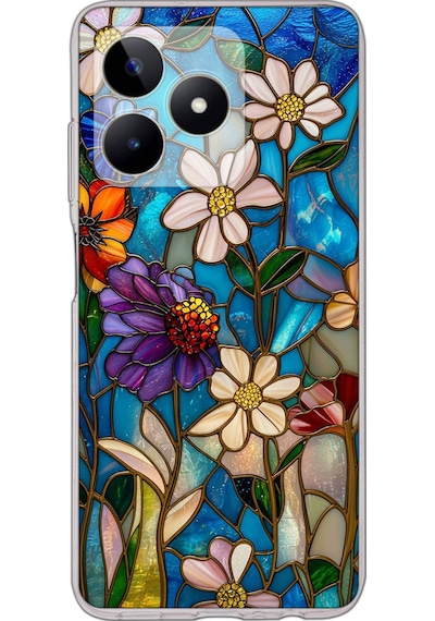 Printify Realme C53 İle Uyumlu Vitray Mavi Bahar Tasarımlı Şeffaf Silikon Kılıf Şeffaf