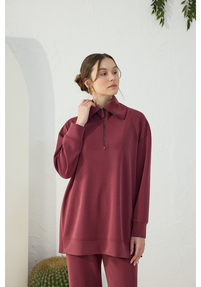 Aker Bordo Yakası Ve Yan Yırtmaçları Fermuarlı Modal Sweatshirt Bordo Bordo