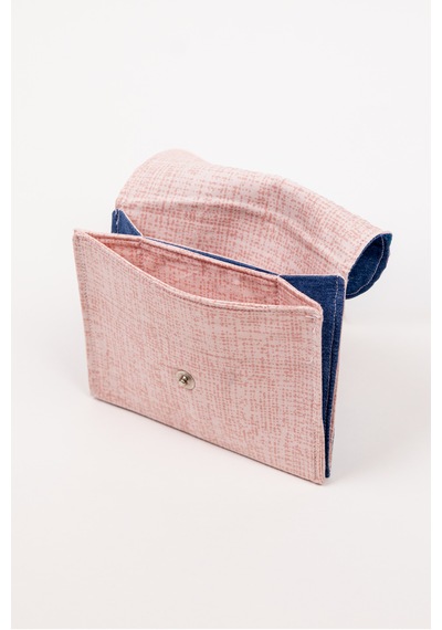 Fabric Craft Bag Kadın Cüzdanı Denim Kumaş Çiçek Nakışlı Çift Bölmeli 13x11 Cm Mavi - Pembe