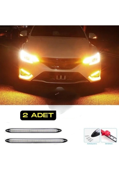 Selamlamalı Güçlü Işık Açılış Animasyonlu 12V Su Geçirmez Kayar Sinyalli Araba Gündüz Farı Drl Led Lamba Beyaz - Sarı 2 Adet 34.5 CM