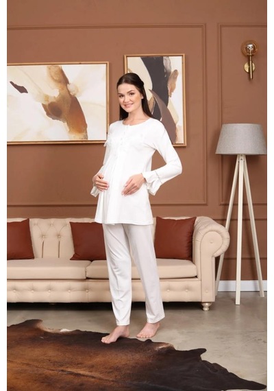 Birolgaye Bone Club 5706 Ekru Jakarlı 3lü Hamile Lohusa Pijama Sabahlık Tk