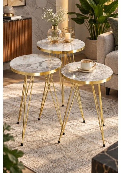 Sulorahome Gold Zigon Sehpa Takımı 3'lü Set Beyaz Mermer