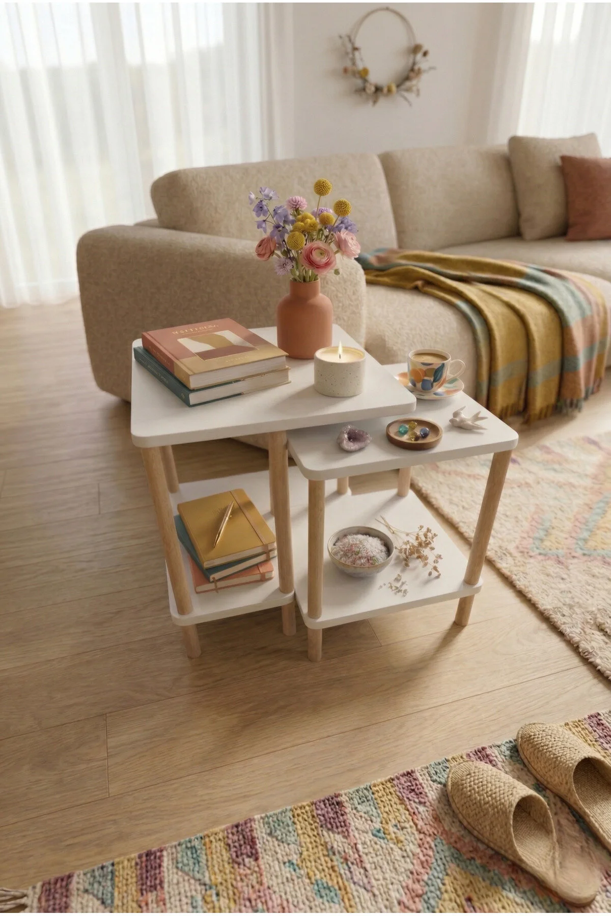 Modern Minimal Tasarım Yan Sehpa Dekoratif Ahşap Zigon Sehpa 2li Set 40 50cm Beyaz
