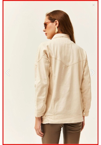 Esb Design Kadın Ekru Cepli Mevsimlik Fermuarlu Çıtçıtlı Uzun Denim Ceket