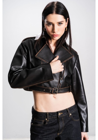 Dericlub Lenora Kadın Silme Cropcut Biker Hakiki Deri Mont Siyah/taba Siyah