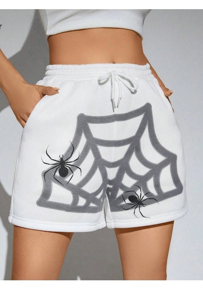Punk Halloween Spider Web Print Drawstring Waist Şort Beyaz