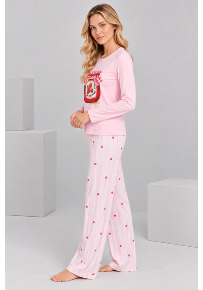 Pijamask Kadın Pembe Çilek Reçeli Baskılı Çizgili Bol Paça Pamuklu Pijama Takımı Pudra