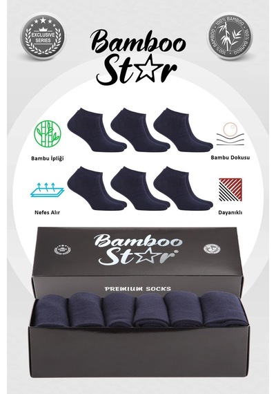Bamboo Star Bambu Erkek Patik Düz Lacivert Çorap Dikişsiz Premium Kutulu 6'lı