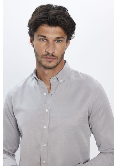 Tudors Erkek Slim Fit Dar Kesim Pamuklu Kolay Ütü Gri Düğmeli Yaka Gömlek-31586-gri Gri