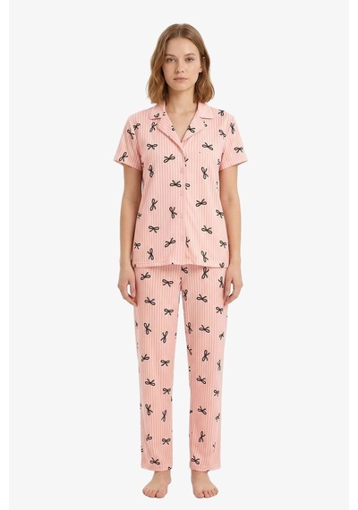 Cottonhill Pudra Çizgi Desenli Yumuşak Dokulu Gömlek Yaka Kadın Pijama Takımı