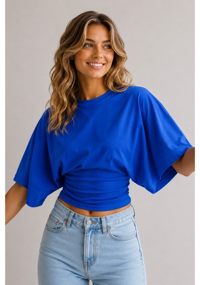 Overmax Bele Oturan Oversize Kollu Premium Crop Bluz Mavi - 880759104 Mavi