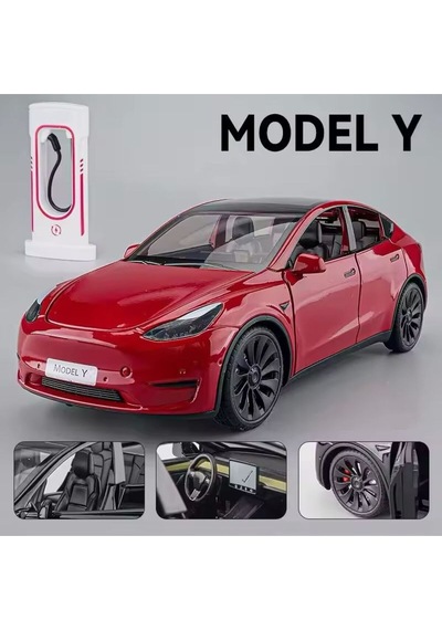 Tesla Model Y Diecast Model Araba 1:24 Sesli Işıklı Açılan Kapılar Jarj İstasyonlu Tesla Araba