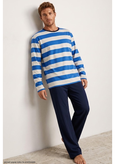 Siyah İnci Çizgi Desenli Pamuklu Örme Pijama Takım 8092 Saks Çizgi