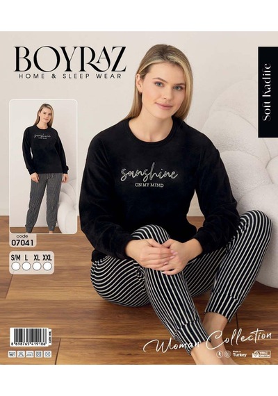 Boyraz Kadın Kışlık Bisiklet Yaka Soft Kadife Pijama Takımı 07041 - 1 Adet Siyah