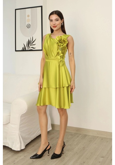 Lodmela Çiçek Detaylı Saten Elbise 2371-olive Olive