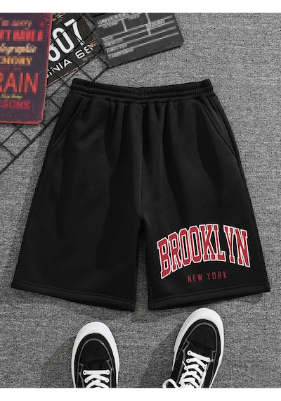 Brooklyn Penye Şort - Siyah Baskılı Kısa Kordonsuz Siyah