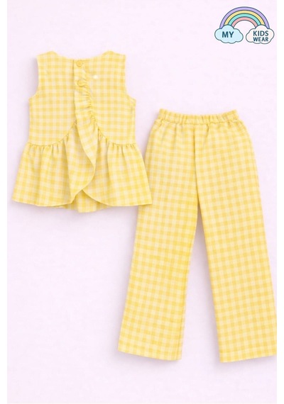 My Kids Wear Kız Çocuk Pötikareli Peplum Bluz Ve Pantolon Takımı 12690 Sarı