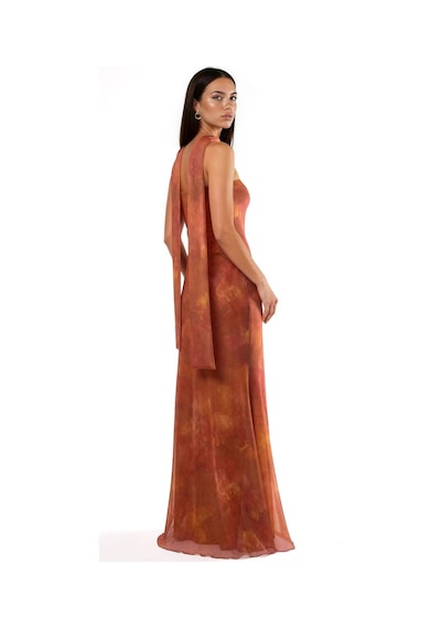 Hiccup Straplez Çiçek Desenli Tül Kuşaklı Bodycon Maxi Elbise Parlak Turuncu