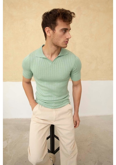 Erkek Fitilli Polo Yaka Triko T-shirt SU YEŞİLİ