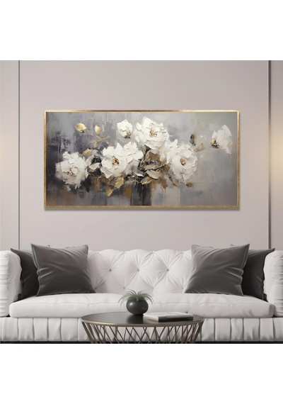 Yağlı Boya Dokulu Tablo Vazoda Beyaz Modern Çiçekler Altın Çerçeveli U02035-178889