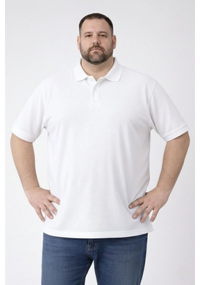 Erkek Polo Yaka Düğmeli Tişört Pike Kumaş Battal Beden Kısa Kol T-shirt - Beyaz