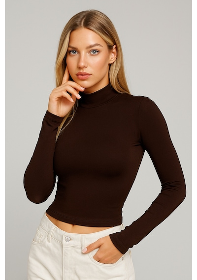 Rich Kadın Kahverengi Yarım Balıkçı Yaka Uzun Kollu Crop Bluz Kahverengi
