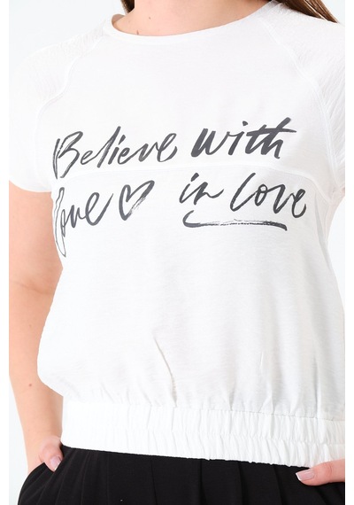 Sortie Collection Reglan Kollu Yazı Baskılı Beli Lastikli Bluz Ekru