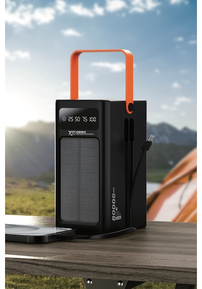 7go Gpw-10 80000mah Güneş Enerjili Powerbank Pd 22.5w Hızlı Şarj Dahili Kablolu, 4 Usb Çıkışlı Taş Siyah