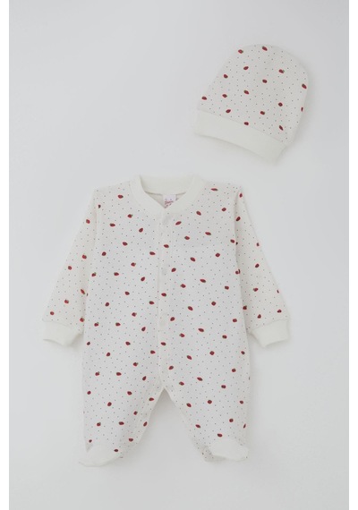 Breeze Kız Bebek Patikli Tulum Çilek Desenli 0-6 Ay, Ekru