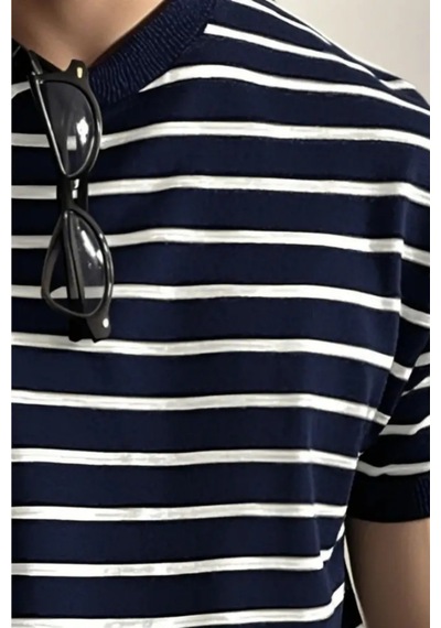 Tarz Cool Erkek Kısa Kollu Fitilli Akrilik-pamuk Karışımlı Triko T-shirt Lacivert