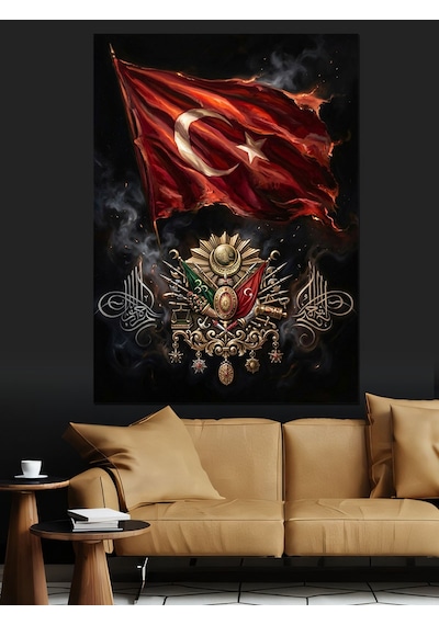 Osmanlı Devlet Arması Ve Bayrak Dekoratif Kanvas - Mdf Ahşap Tablo