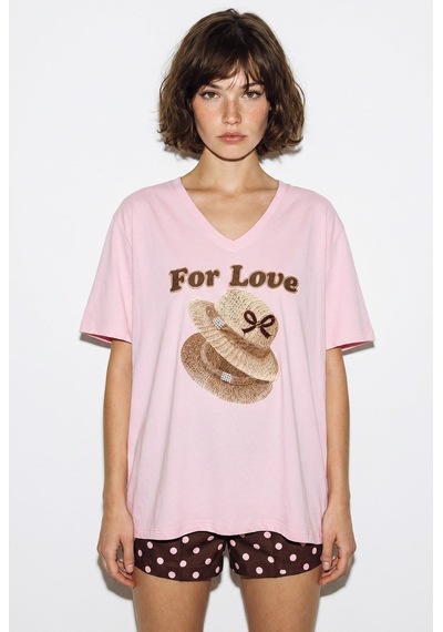 Kadın V Yaka For Love Nakış Ve Boncuk İşlemeli Oversize T-shirt 2240 60286329 - Pudra