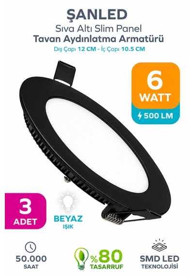 6w Tasarruflu Led Yuvarlak Siyah Kasa Beyaz Işık Sıva Altı Panel Aydınlatma Armatürü 3 Adettir