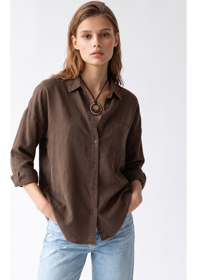 Mixray 4963 Kadın Tencel Kumaş Oversize Cepli Uzun Kollu Gömlek Kahve