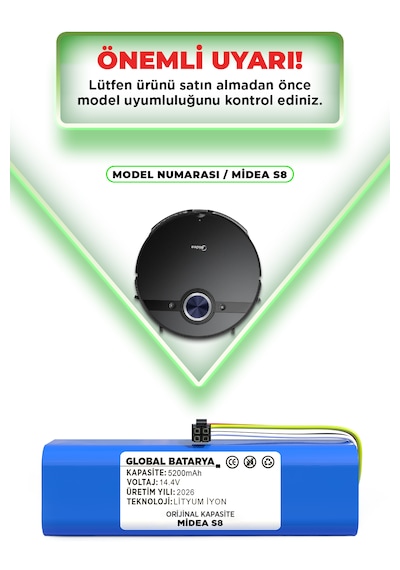 Midea S8 Uyumlu Robot Süpürge Bataryası 14.4v 5200mah Li-ion Pil  Kapasite