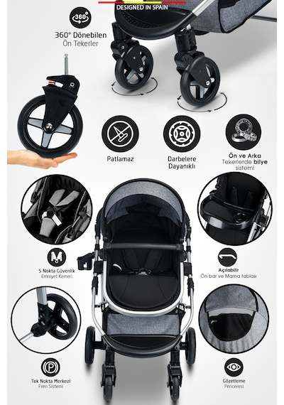 Baby Home 950 Tayla 6 In 1 Mama Tablalı Çift Yönlü Travel Sistem Bebek Arabası Siyah