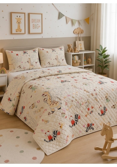 Çift Kişilik Kapitone Dolgulu Safari Desen Pike 4 Mevsim 2 Adet Yastık Kılıfı Dahil 200x230cm Bej