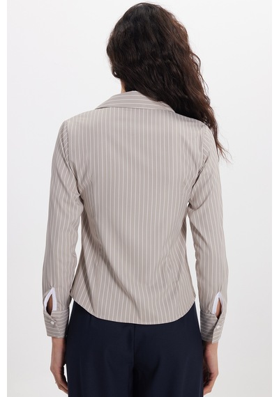 Tudors Kadın Slim Fit Dar Kesim Uzun Kollu Çizgili Bej Gömlek-50324