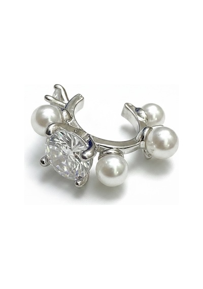 Earcuff Sıkıştırmalı Pirinç Kıkırdak Küpe İncili Taşlı Gümüş Renk Çelik