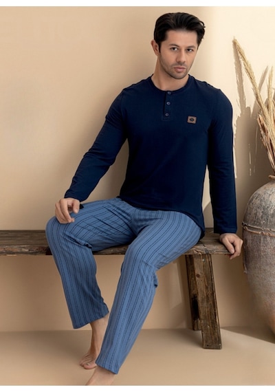 Elitol Erkek Yarım Kapama Düğmeli %95 Pamuklu Likralı Çizgili Pijama Takım Lacivert