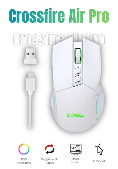 Crossfire Air Pro Kablosuz 24.000 Dpi Pixart Pmw3325 Sensör Makro Yazılımlı Chromatic Rgb Kablosuz Gaming Mouse - Beyaz 2.4 Ghz Kablosuz + Bt5.1 + Type-c İle Kullanım Desteği Crossfire Air Pro Kablosuz 24.000 Dpi Pixart Pmw3325 Sensör Makro Yazılımlı Chromatic Rgb Kablosuz Gaming Mouse - Beyaz 2.4 Ghz Kablosuz + Bt5.1 + Type-c İle Kullanım Desteği