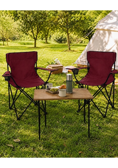 2 Sandalyeli Katlanır Kamp Masa Sandalye Seti 60x45 Cm 3 Parça Bordo
