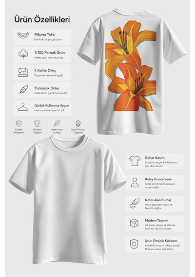 Spoyi Orange Lily Tasarımlı %100 Pamuk Yarım Oversize Beyaz T-shirt