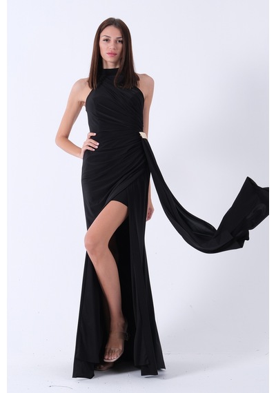 Feminist Siyah Halter Yaka Drapeli Beli Gold Toka Detaylı Straplez Abiye 9705862