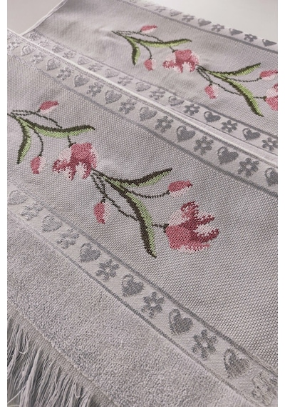 Gül Nakışlı Jakarlı Kadife El Yüz Havlusu - 50x90 Cm-gri Grı Gri