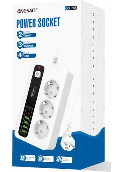 Akım Korumalı 4 Usb'li Ve 3 Type-c Li 3'lü Grup Priz 2 M Uzatma Kablosu Beyaz 1.5 M