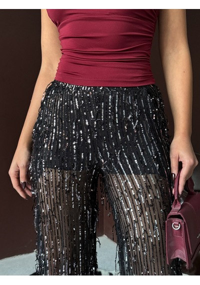 Verymoda Pullu Tül Pantolon F1611 Siyah