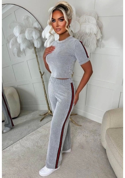 Defymoda Kadın Bisiklet Yaka Yanı Şerit Detay Bluz Ve Pantolon Ikili Takım Gri